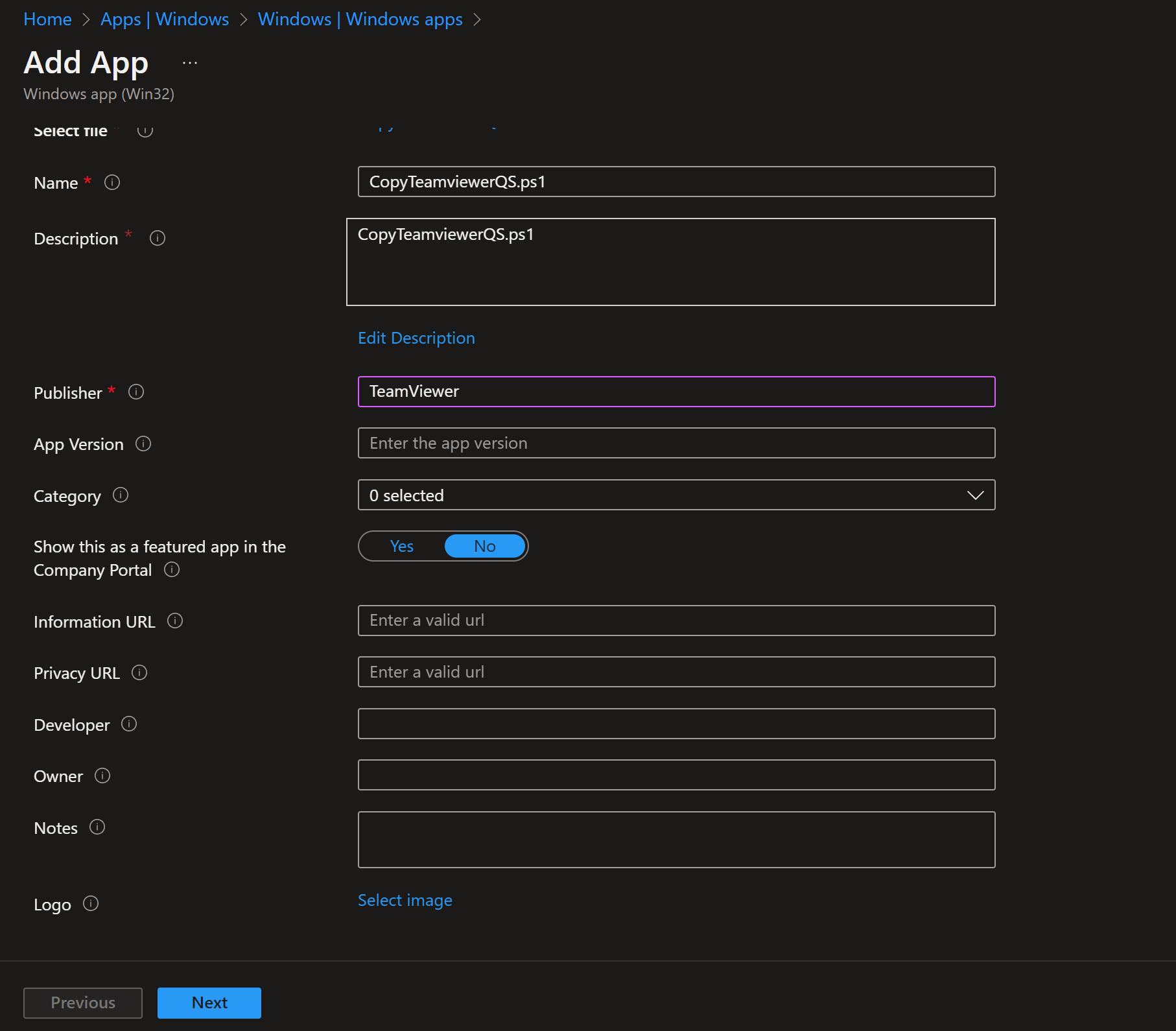 Uploading the IntuneWin package